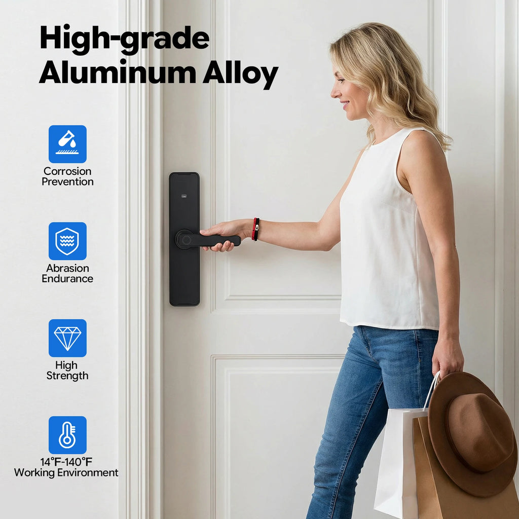 Smart Door Lock Fingerprint Password WiFi TUYA APP Electronic Keypad Lock with 180° Rotatable Handle 50 Fingerprints 100 Passwords Capacity Aluminum Alloy for Home Hotel Office Indoor Outdoor