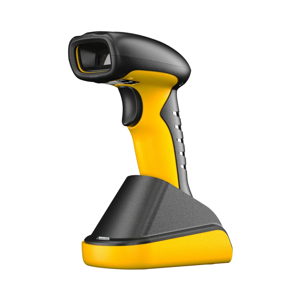 Handheld yellow-and-black 2D barcode scanner with scan window and stand