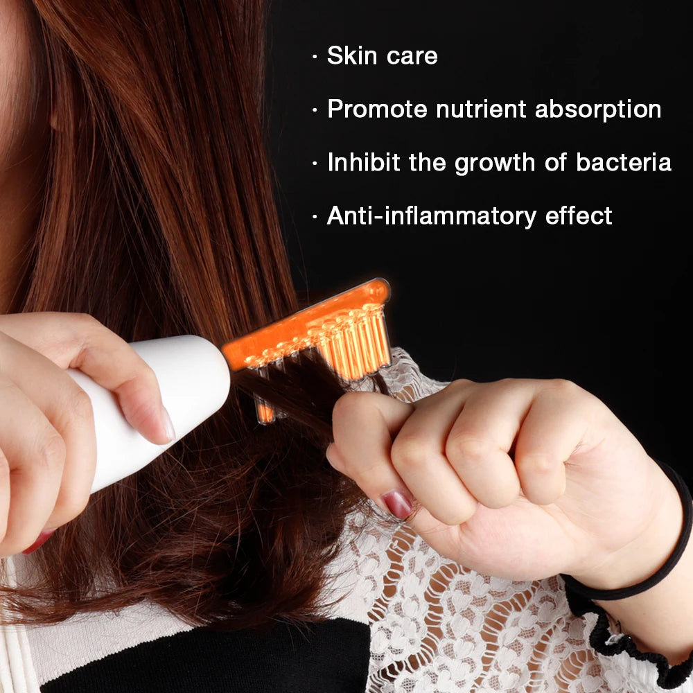 A person using a high-frequency comb-shaped orange glass electrode wand on their hair with listed skin care benefits.