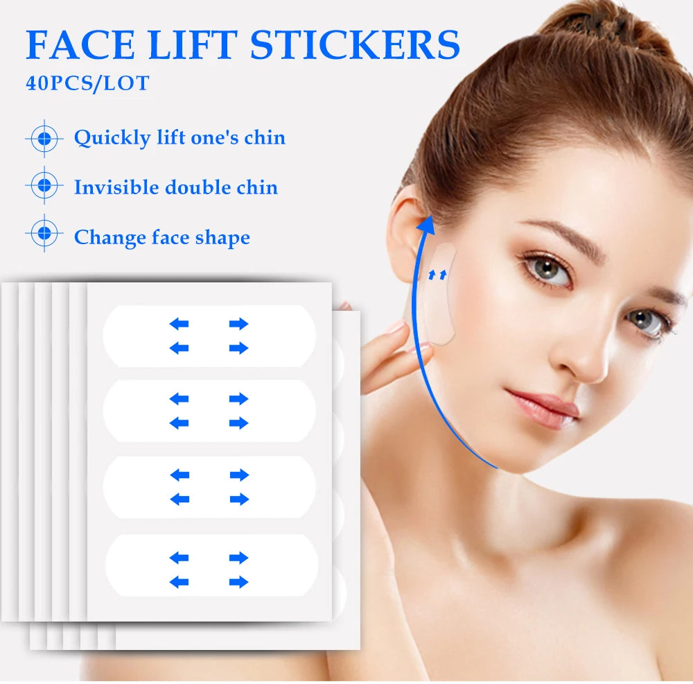 Transparent, adhesive V-shape face lifting stickers on a backing sheet next to a woman applying one to her jawline.