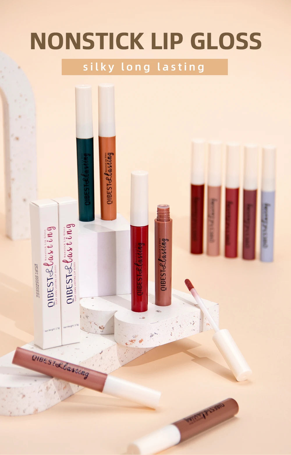 Qibest long-lasting velvet matte liquid lipstick set in assorted nude and red shades with nonstick applicator.