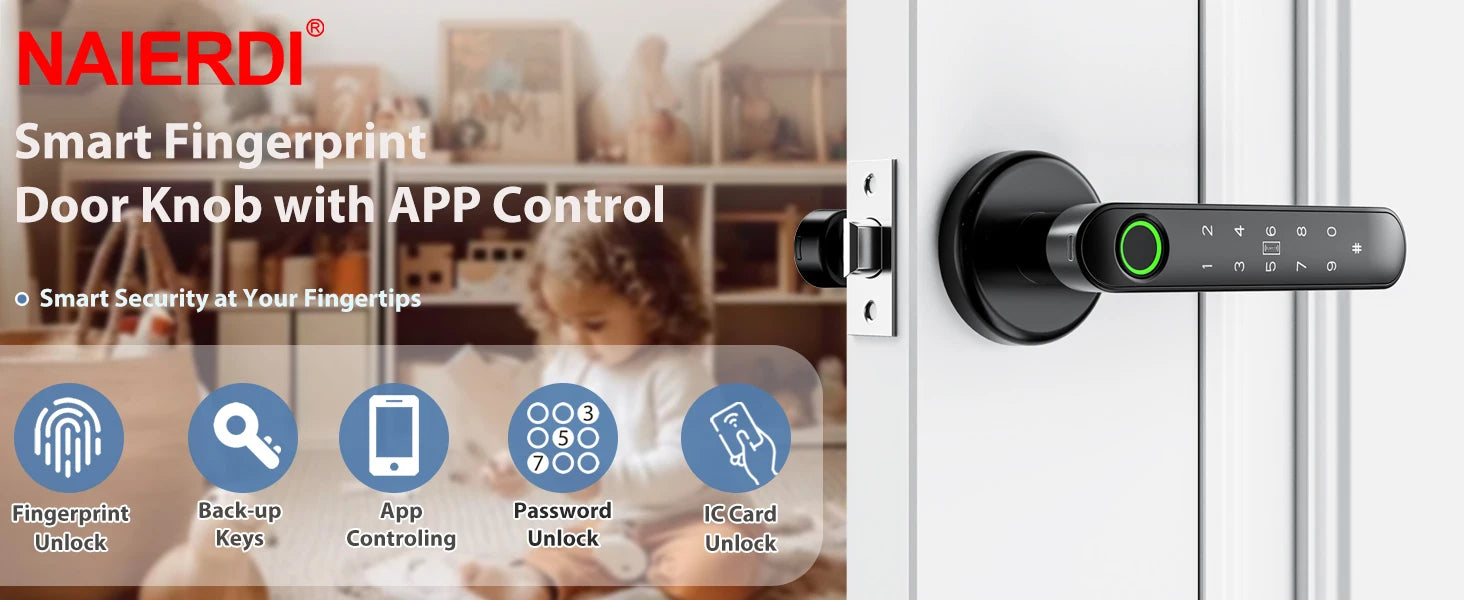 NAIERDI 5-in-1 Smart Fingerprint Door Lock Tuya APP Bluetooth Keypad IC Card Keyless Digital Door Knob for Hotel Office Bedroom