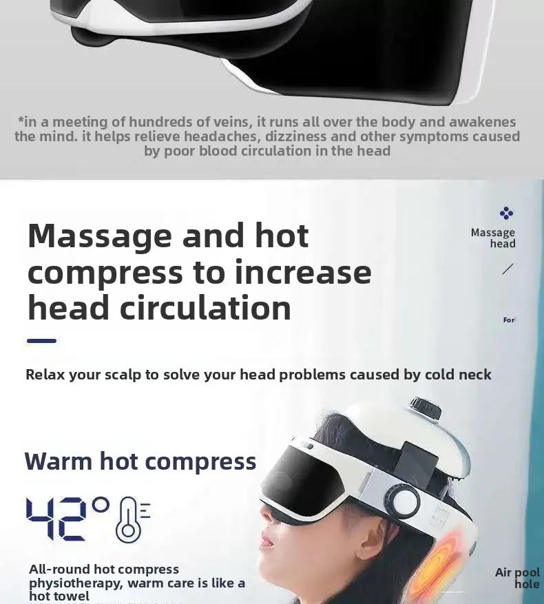 White integrated head and eye massager helmet with 42°C hot compress feature for scalp and neck relaxation.