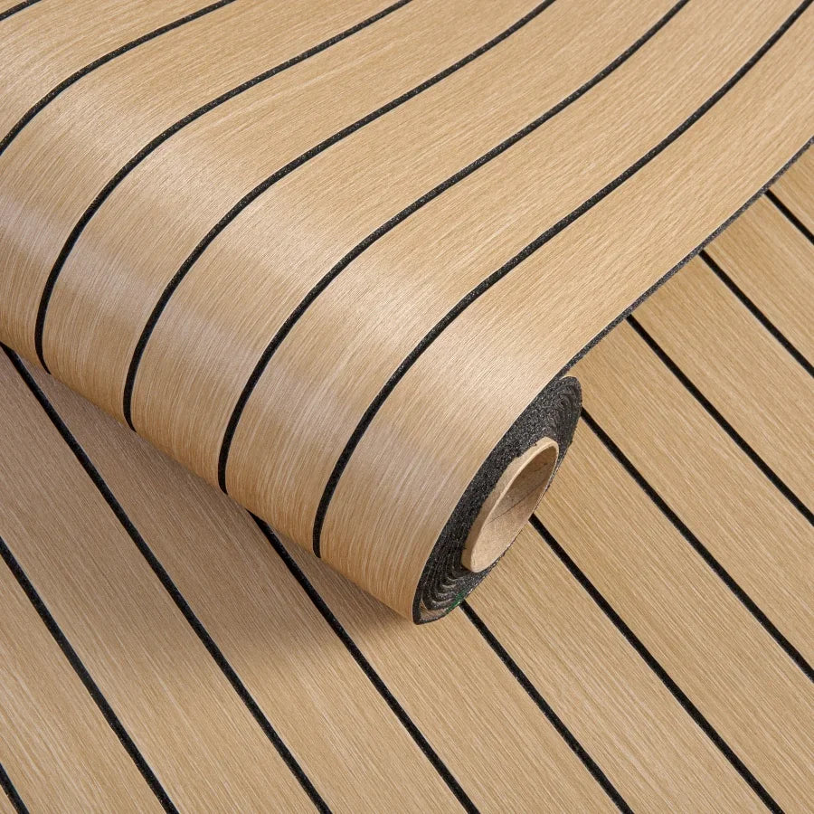 Self-adhesive 3D wall sticker wallpaper roll, light beige wood-plank stripes