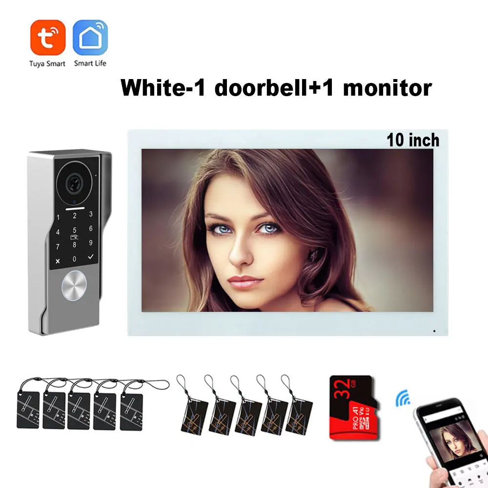 White smart video doorbell kit with 10-inch monitor, keypad doorbell, and accessory cards