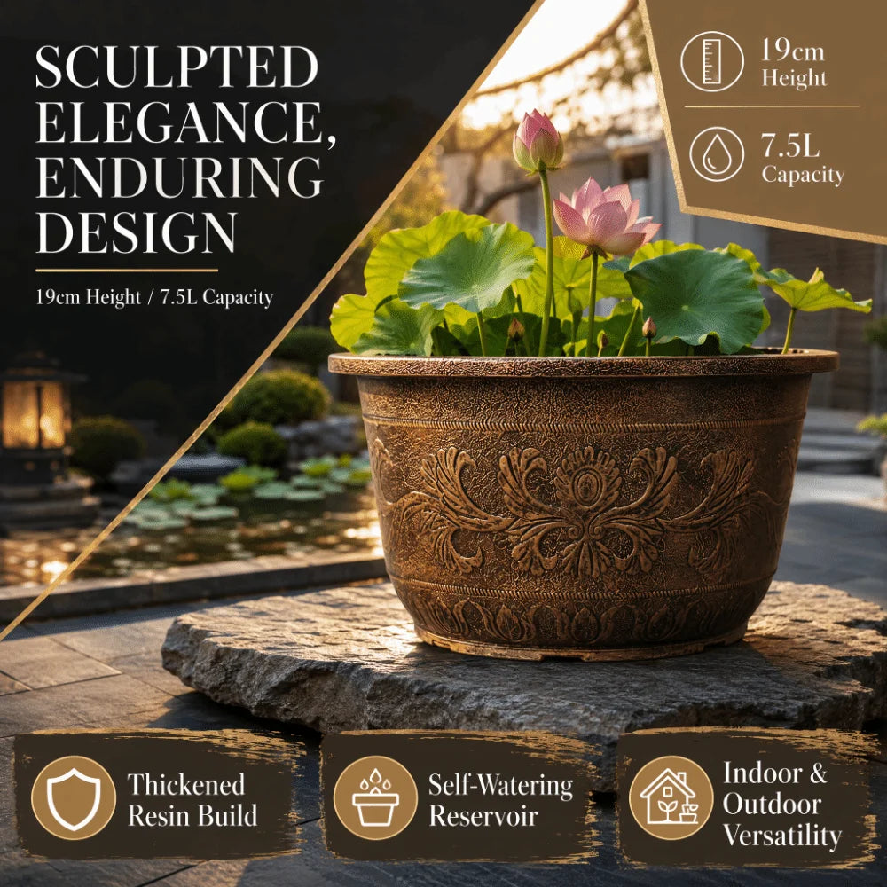 Resin Lotus Planter Pot Large 7.5L Capacity Water Reservoir Planter 19cm Height Copper Bronze Retro Flower Pot Home Gardening