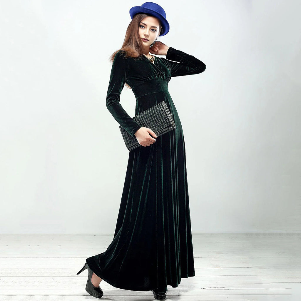 Vintage Women Autumn Long Sleeve V Neck Pleated Velvet Banquet Party Maxi Dress Party Wedding Elegant Evening dress 