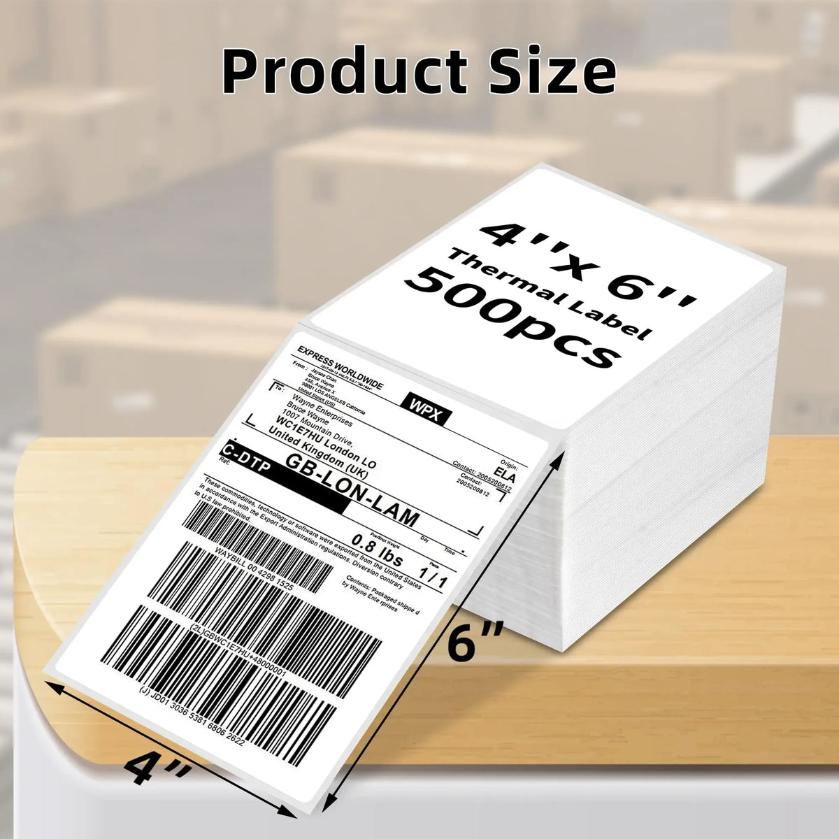 4x6 thermal shipping labels pack; stack shows size and barcode label format