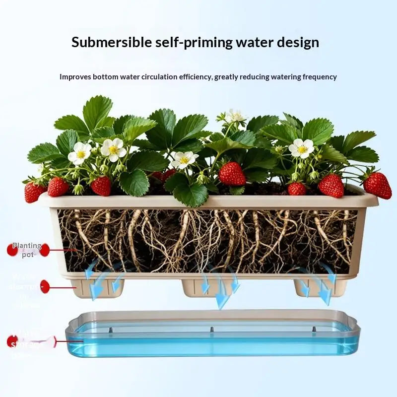 Self-watering window planter cutaway showing water circulation through the base tray
