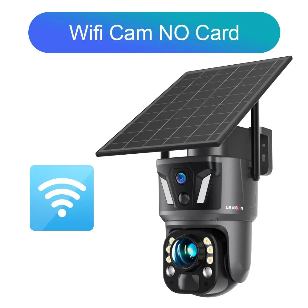 WiFi solar security camera with no SD card included, solar panel and dual lens