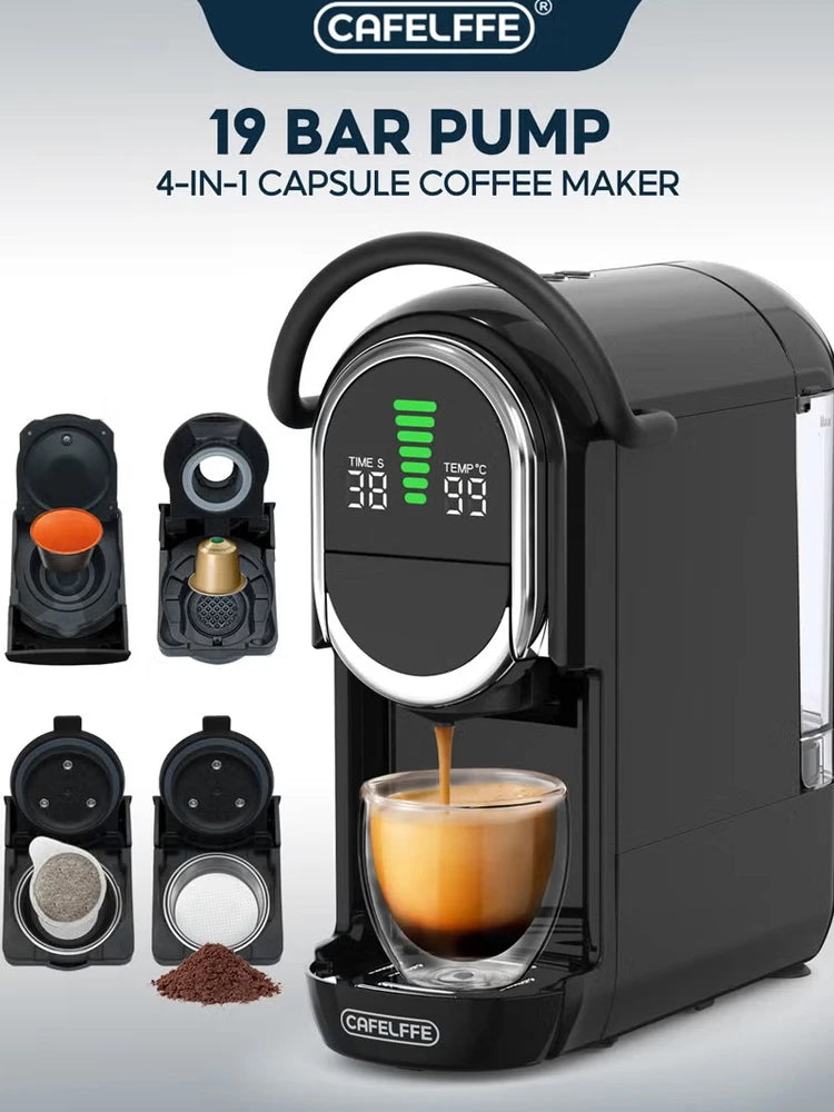 Cafelffe black 4-in-1 capsule coffee maker with 19 bar pump, digital display, and glass espresso cup.