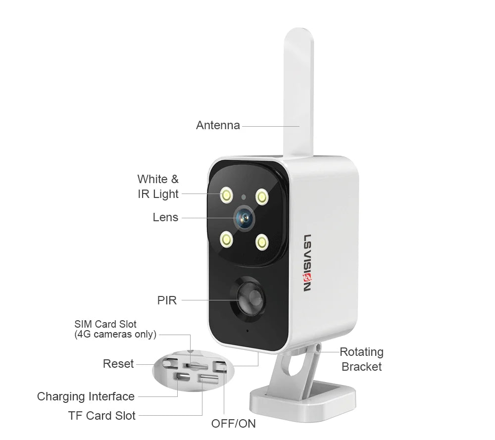 LS VISION Outdoor Solar Camera Wireless Cam WIFI/4G Ultra Standby Time PIR Motion Light Color Night Vision AI Detect Battery Cam
