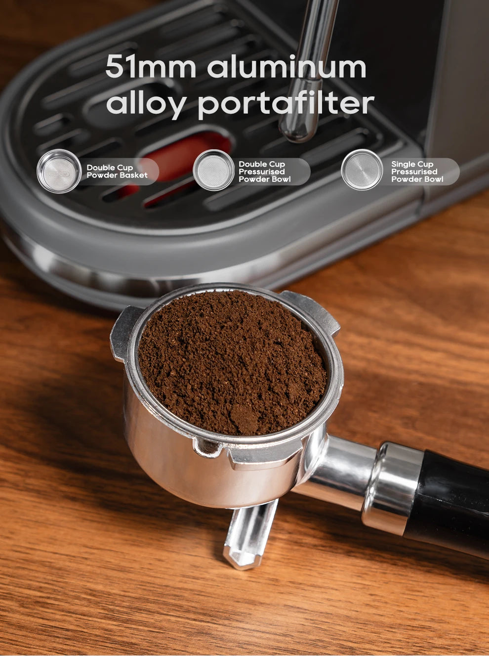 51mm aluminum alloy espresso portafilter filled with coffee grounds, including single and double pressurized baskets.