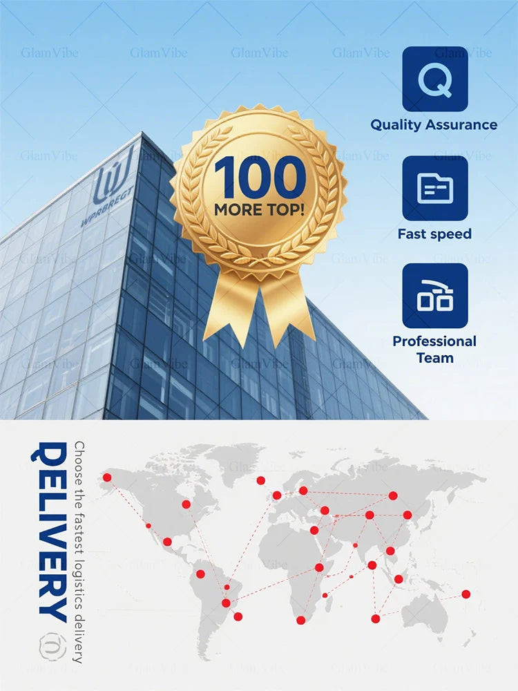 Gold badge with "100 MORE TOP!" text over a glass building, with logistics map showing global delivery routes.