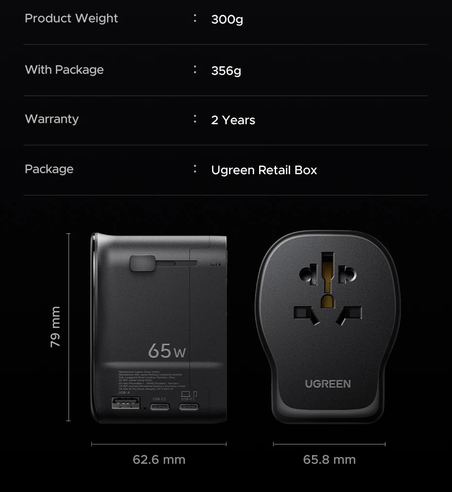 UGREEN 65W Universal Travel Adapter 2 USB-C 1 USB-A AC Socket GaN Charger Certified CE FCC UKCA TÜV For EU US UK Grounded Plug