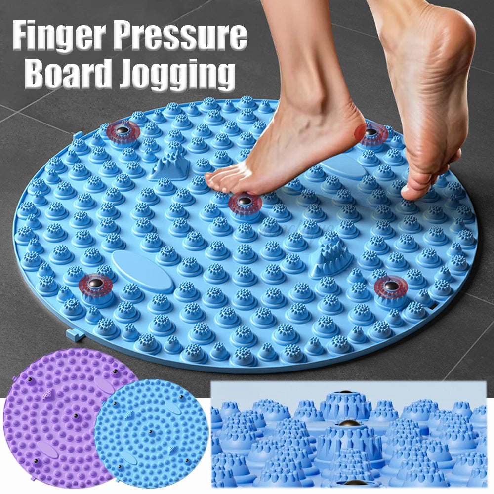 Blue circular acupressure foot massage mat with textured nubs for reflexology, pain relief, and home yoga training.