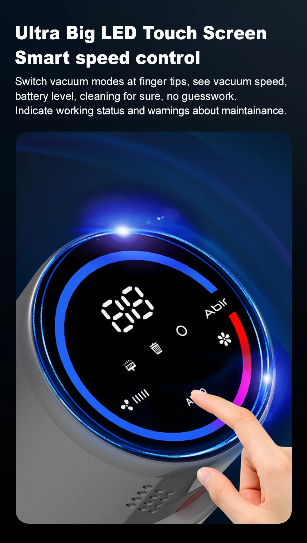 Tidesmit VC205 wireless handheld vacuum showing smart dust sensor and touch screen display for home cleaning