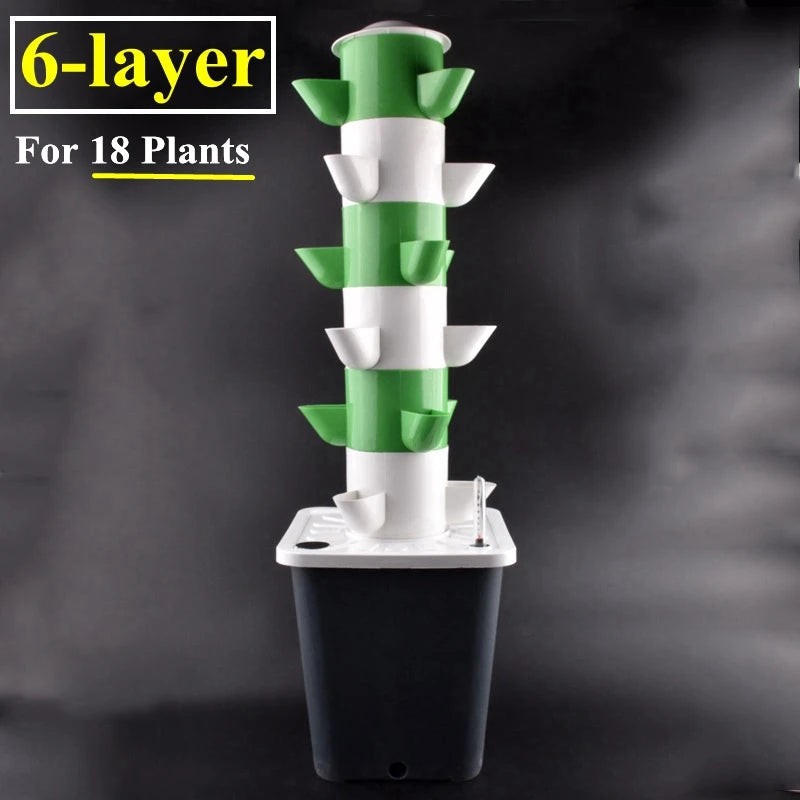 6-tier vertical hydroponic vegetable planter tower with green top baskets and white channels over black base