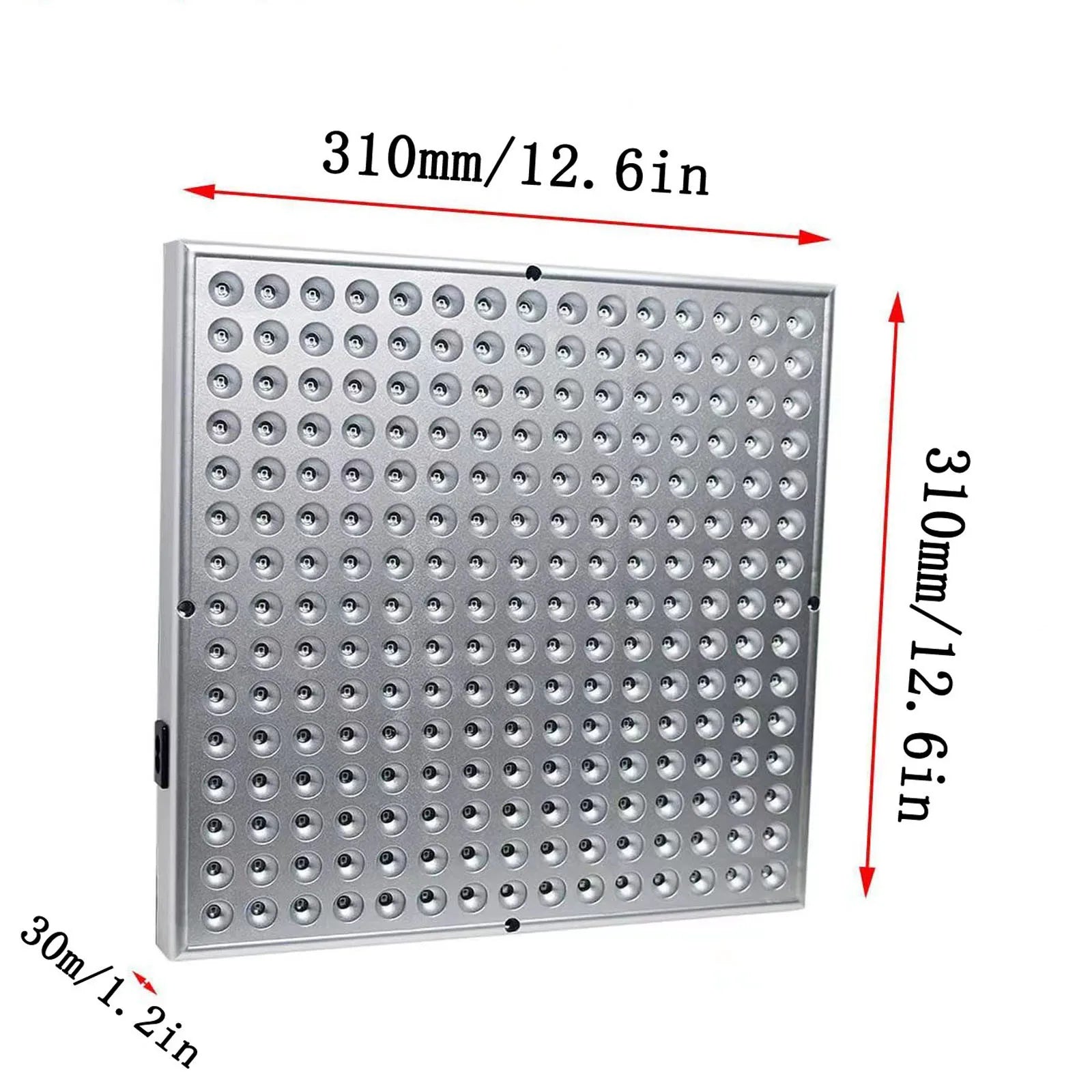 Square 310x310x30mm silver LED therapy light panel with a grid of individual bulb lenses.