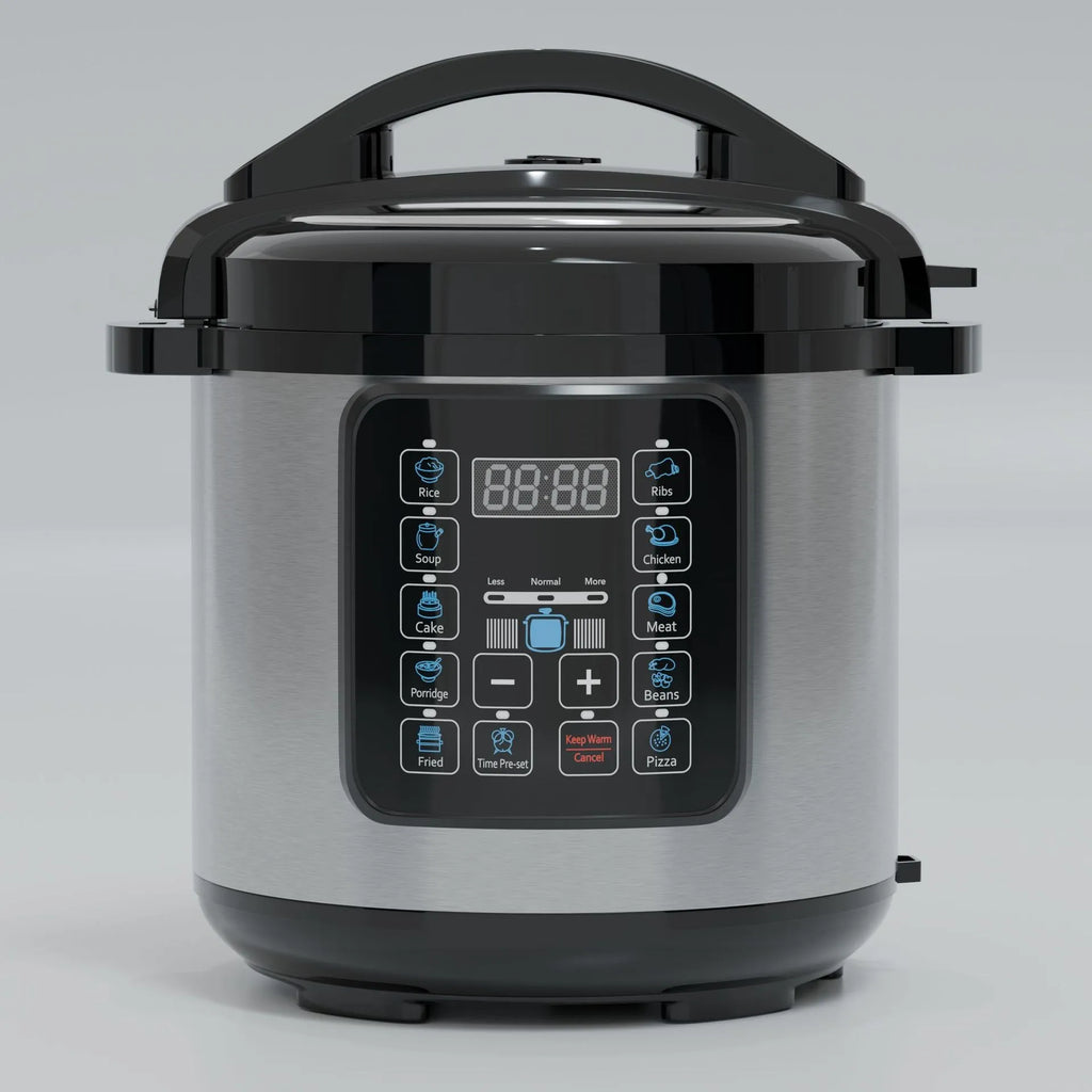 Stainless electric pressure cooker close-up of digital touch control panel