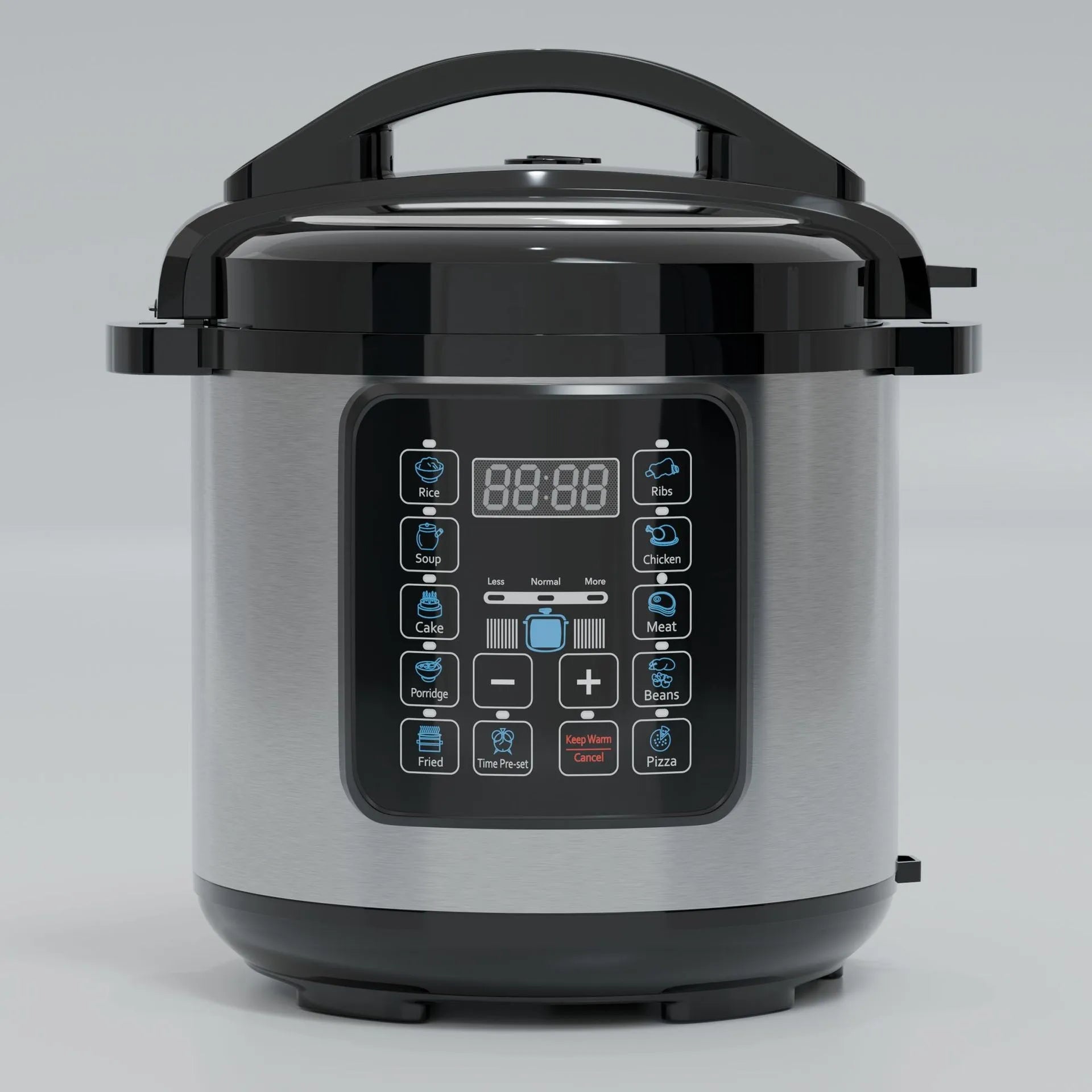 Stainless electric pressure cooker close-up of digital touch control panel