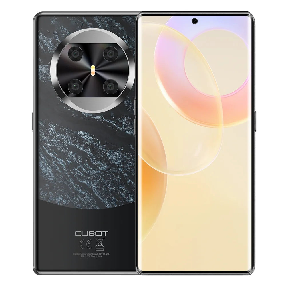 Cubot X90 smartphone, black marble back, 6.67" AMOLED curved display, 100MP triple camera system, front and back view.