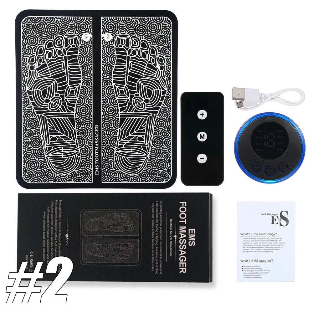 Black EMS electric foot massager mat with remote control, circular display, USB cable, and user manual on white back.