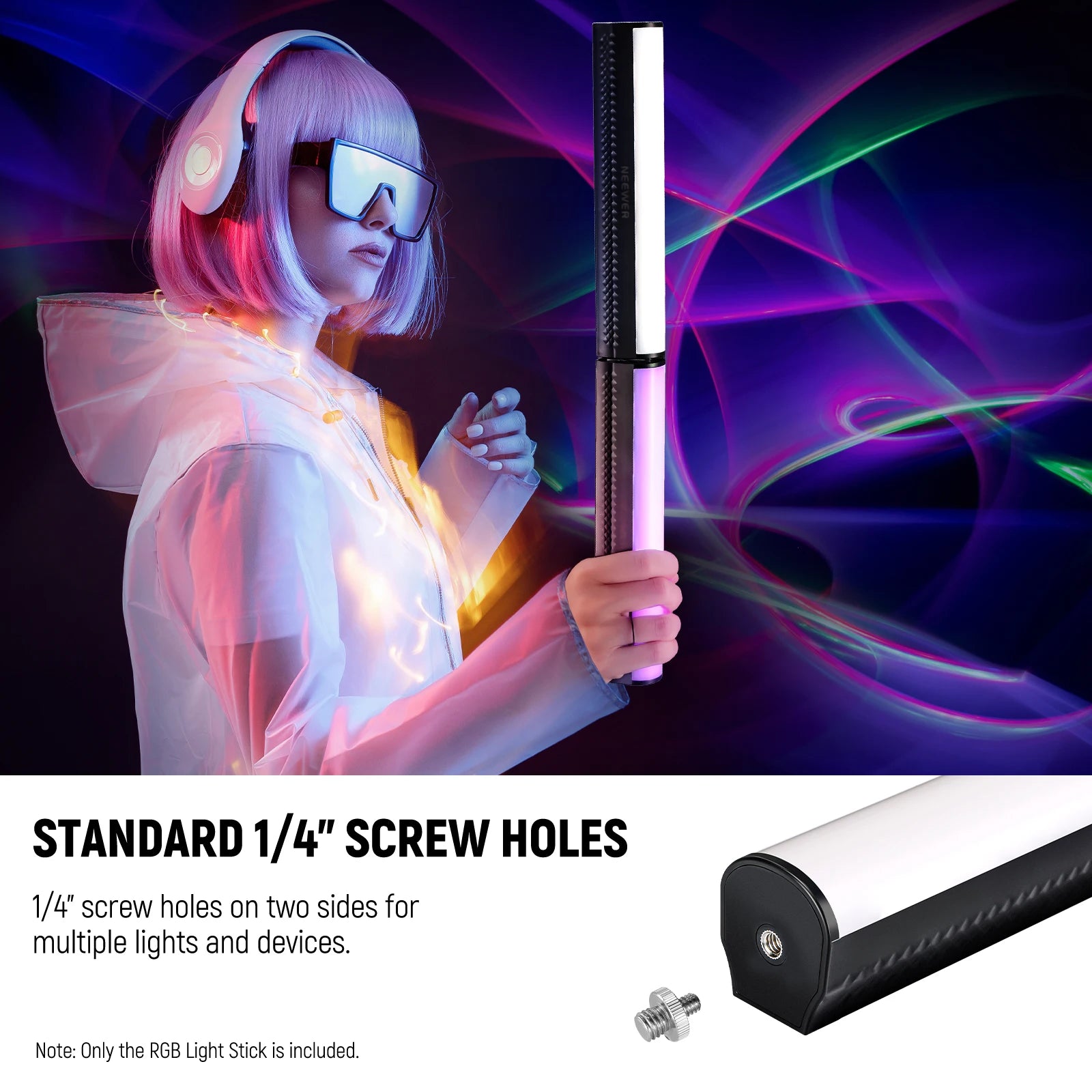 Handheld RGB LED light stick with a black casing, white diffuser, and a 1/4" screw hole for mounting.