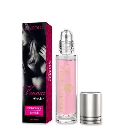 Venom rollerball perfume in a 10ml glass bottle with pink liquid and a silver cap, next to its tall black box.