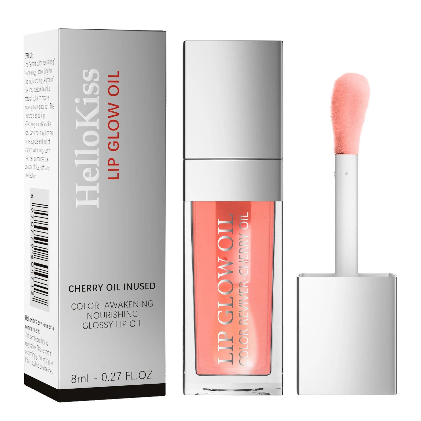 HelloKiss cherry lip glow oil in a clear bottle with an applicator, providing a glossy, moisturizing plumping effect.