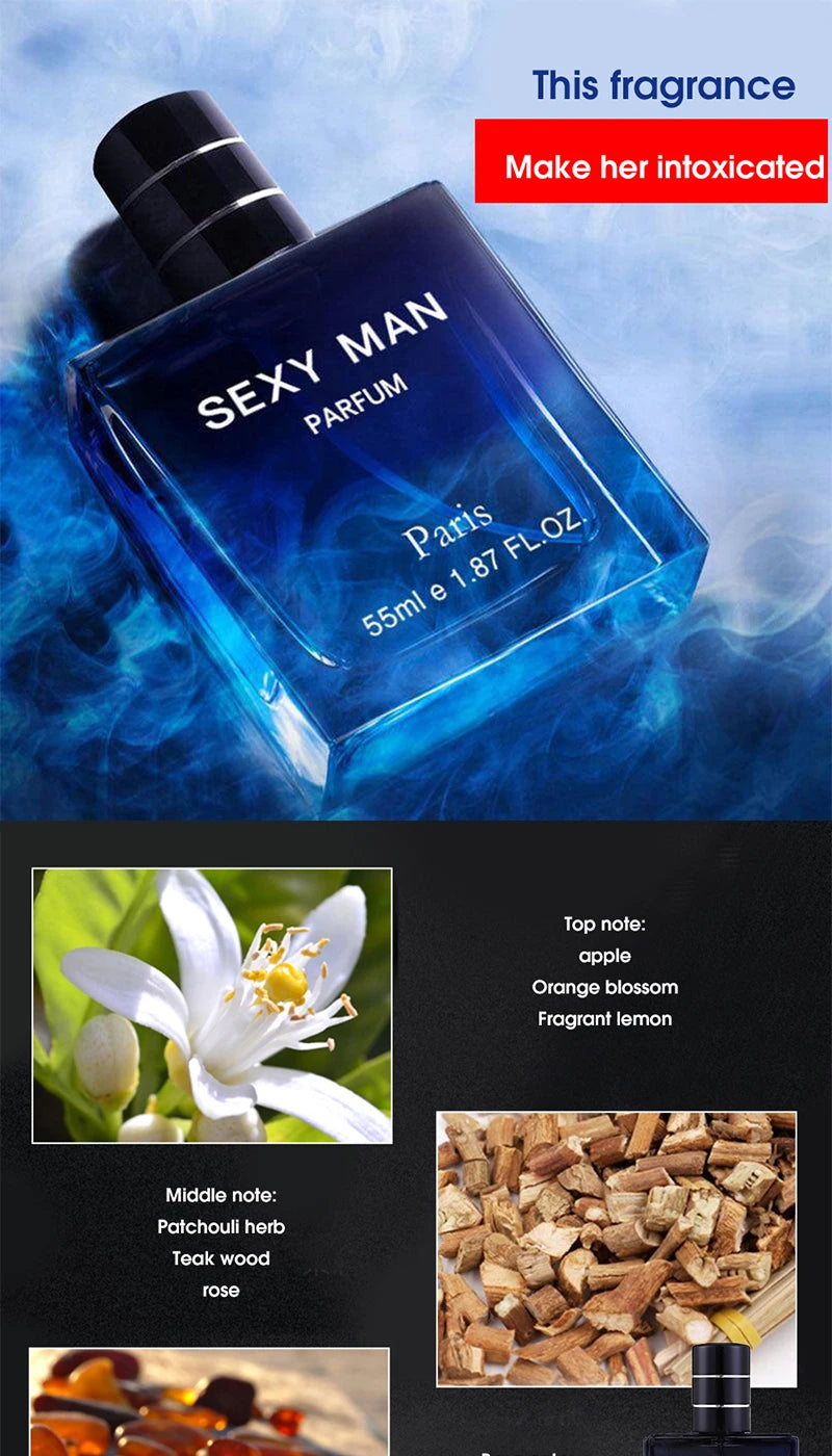 Sexy Man Parfum: 55ml blue square cologne for men with apple, lemon, orange blossom, patchouli, and teak wood notes.