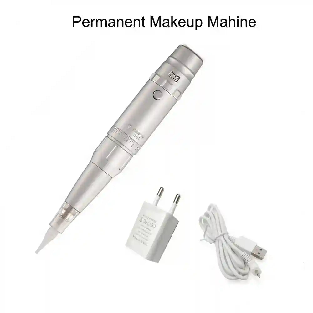 Silver pen-style permanent makeup machine with a needle cartridge, white power adapter, and USB charging cable.