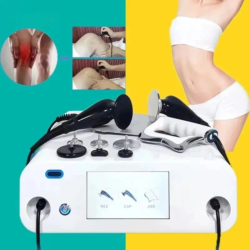 448KHz Tecar RF machine with RET CET probes, monopolar electrodes, and touchscreen for body shaping and pain relief.