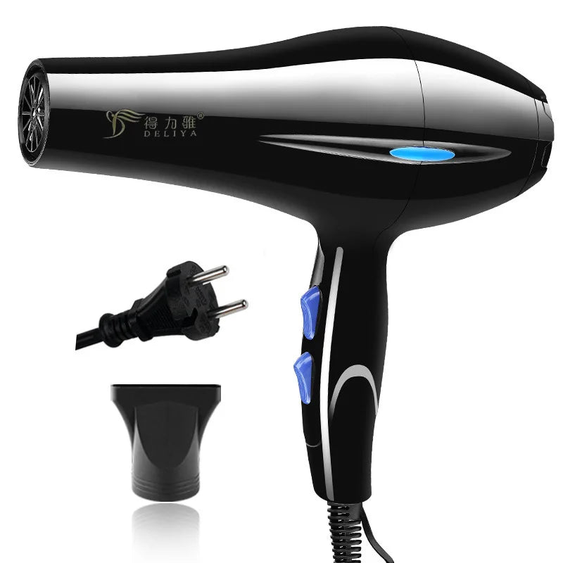 Black Deliya professional hair dryer with EU plug, heat settings, and concentrator nozzle for salon or home styling.
