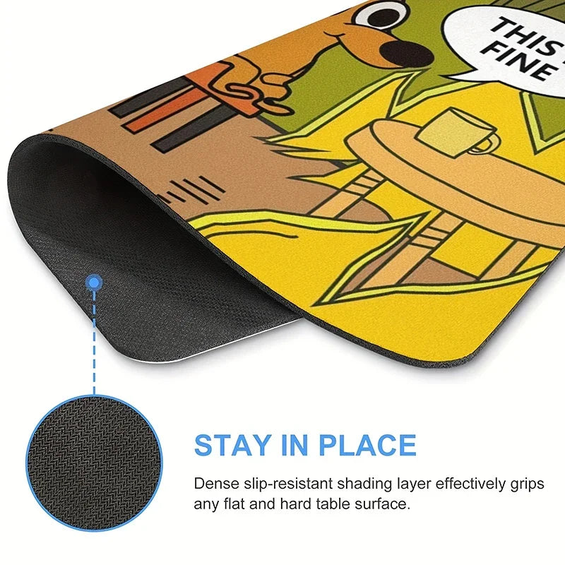 "This is Fine" dog print non-slip rubber mouse pad for PC office desk. Durable, smooth gaming mat for precise control.