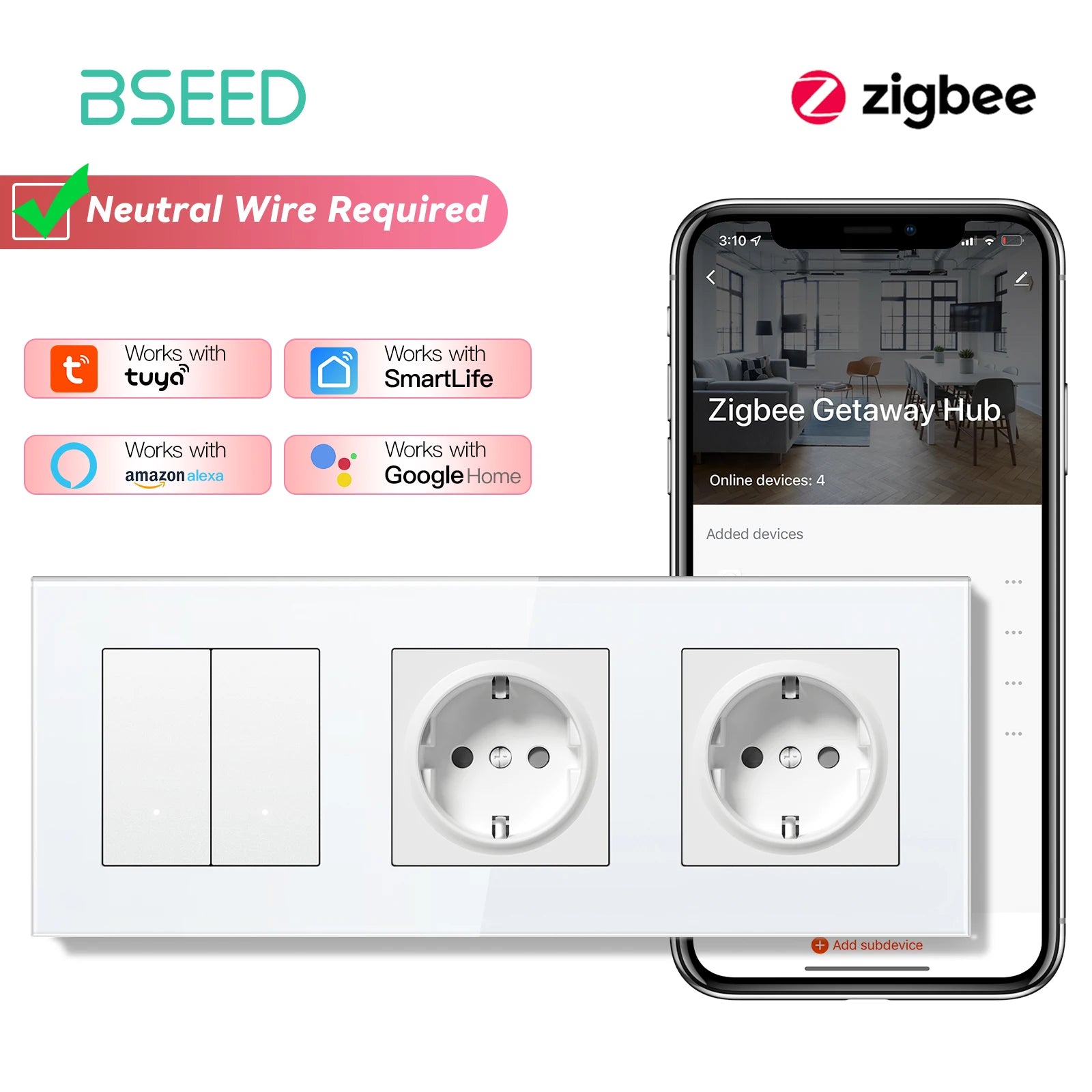 Zigbee Smart Light Switch with USB-C Port - EU Standard | Tidesmit 2Gang Sockets EU standard Tidesmit