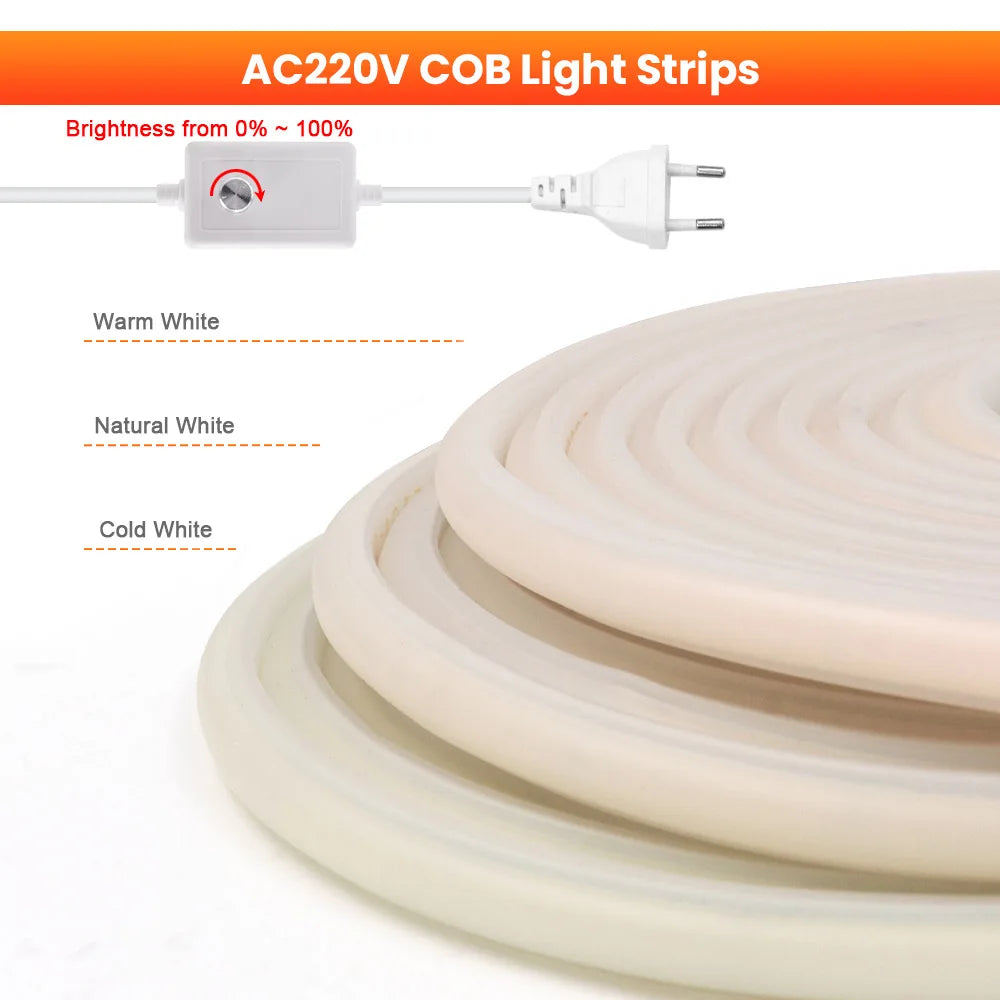 220V COB LED Neon Strip Light with Dimmer Switch Power Kit 288LED High Density Linear Lighting Waterproof Flexible Silicone Lamp