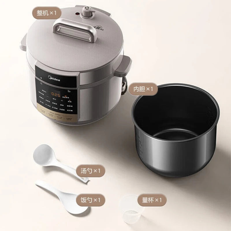 8L electric pressure cooker with inner pot and measuring/spoon accessories on white surface