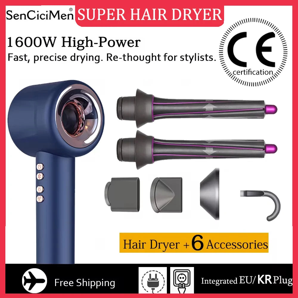 Blue 1600W leafless negative ion hair dryer with 6 styling attachments and EU/KR plug for professional hair care.