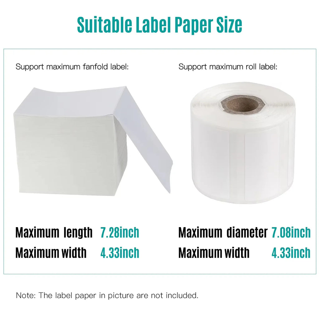 Direct thermal label paper size chart with maximum length and diameter