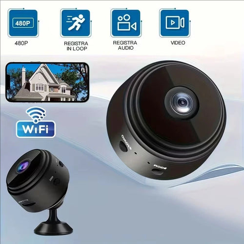 Black WiFi security camera with round lens, desktop stand and wide-angle view