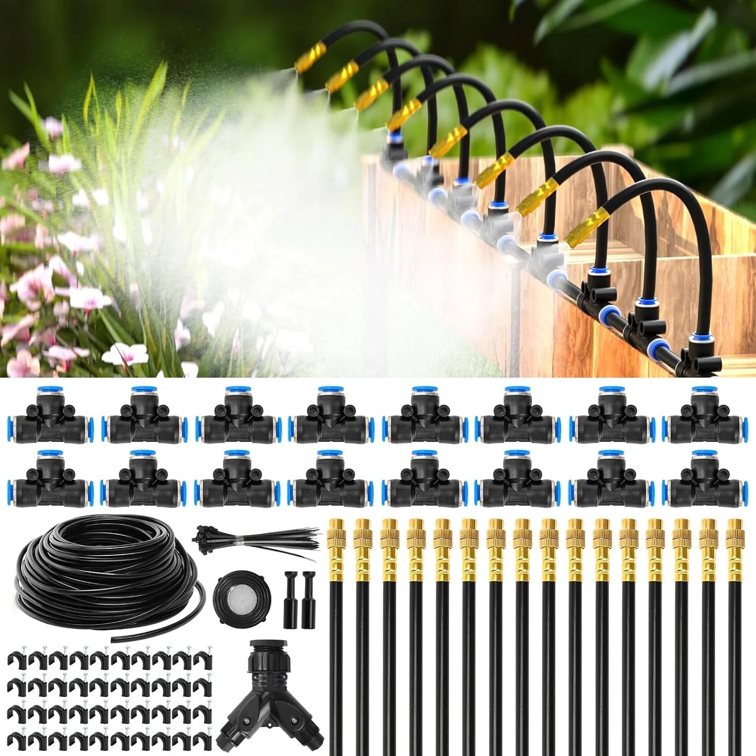 30M60M DIY Free Bending Universal Sprayer Kit 6mm Hose Patio Misting Cooling System for Garden Plant Fogging Watering Irrigation