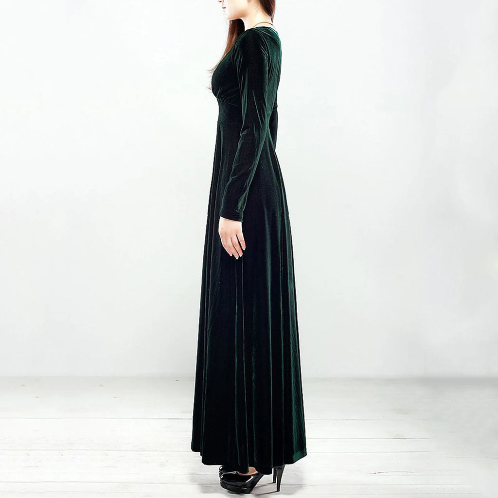 Vintage Women Autumn Long Sleeve V Neck Pleated Velvet Banquet Party Maxi Dress Party Wedding Elegant Evening dress 