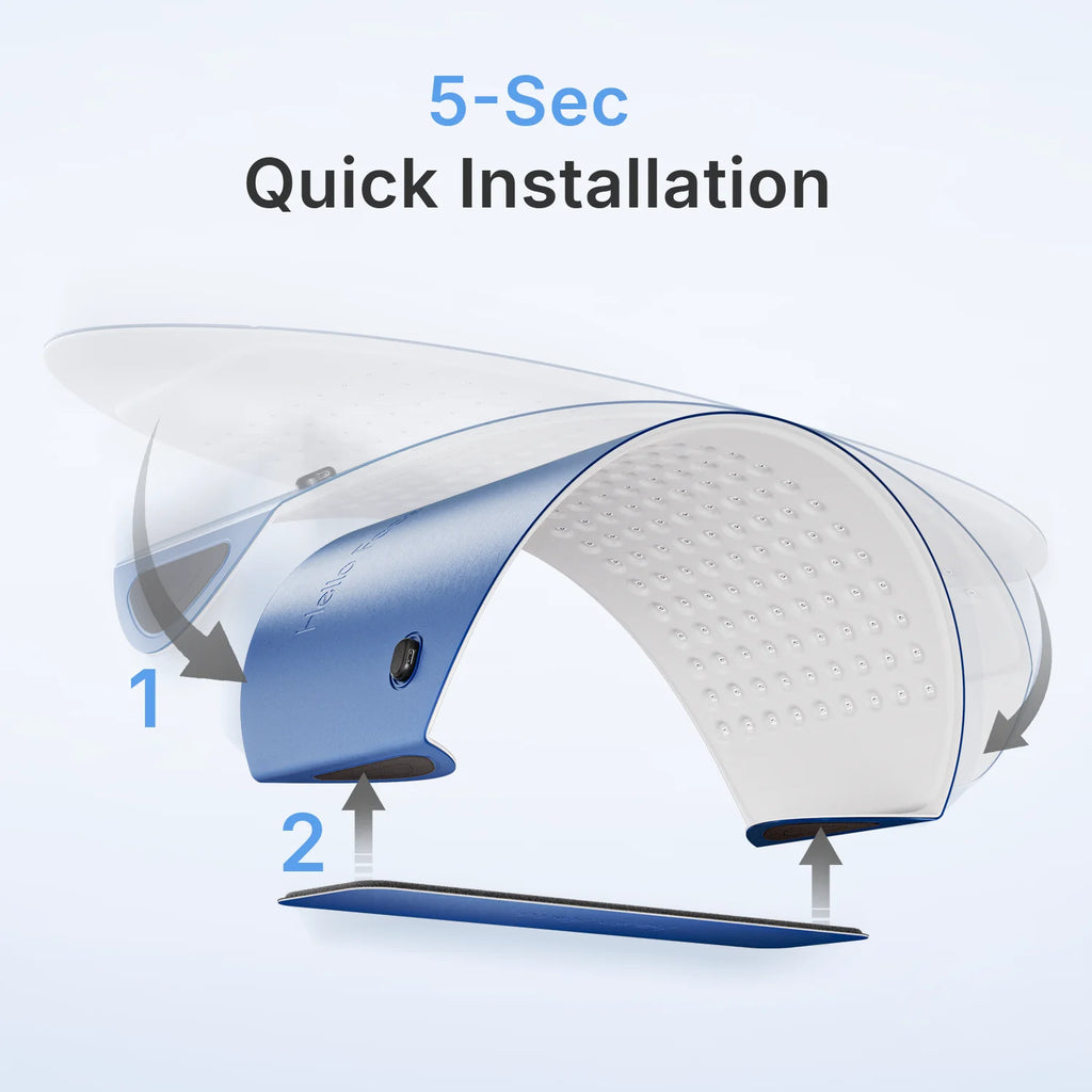 Diagram showing a blue and white curved LED facial mask with instructions for quick 5-second assembly.