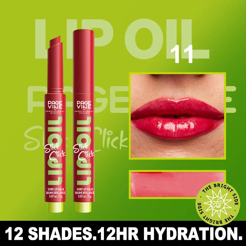 Page Vine moisturizing click-pen lip oil in shiny red. Plumping, hydrating, non-fade glossy finish for daily wear.