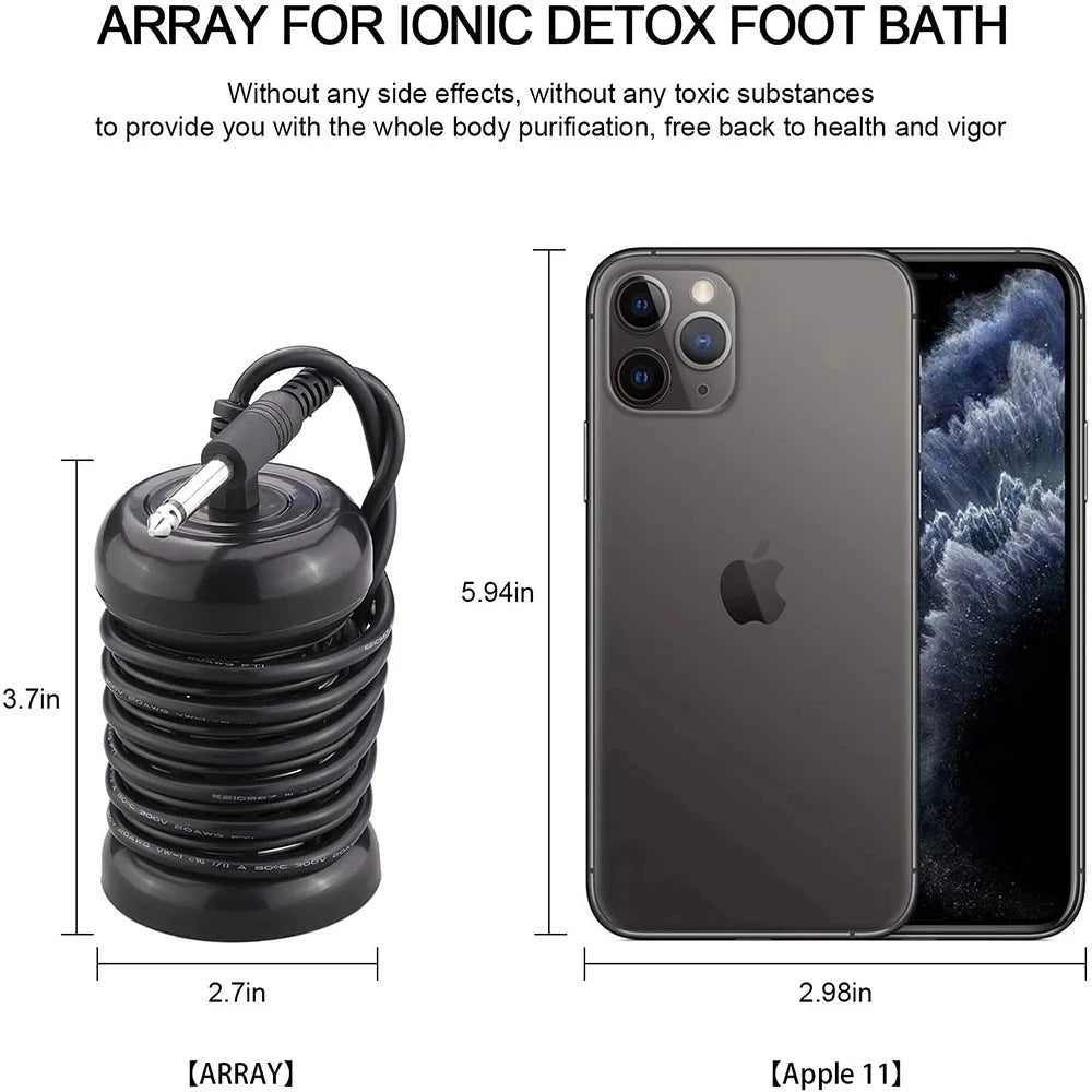 Black ionic detox foot bath array for spa therapy with coiled cable, shown with smartphone for size comparison.