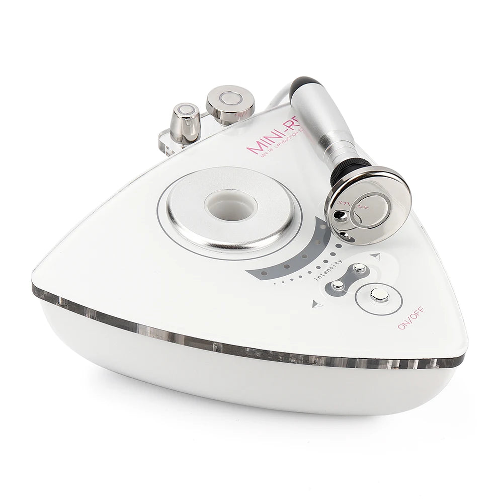 White triangular 3-in-1 RF skin lifting machine with a metallic probe, control buttons, and intensity display.