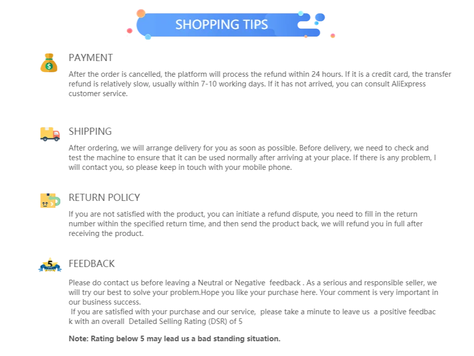 AliExpress customer shopping tips graphic detailing payment, shipping, return policy, and feedback instructions.