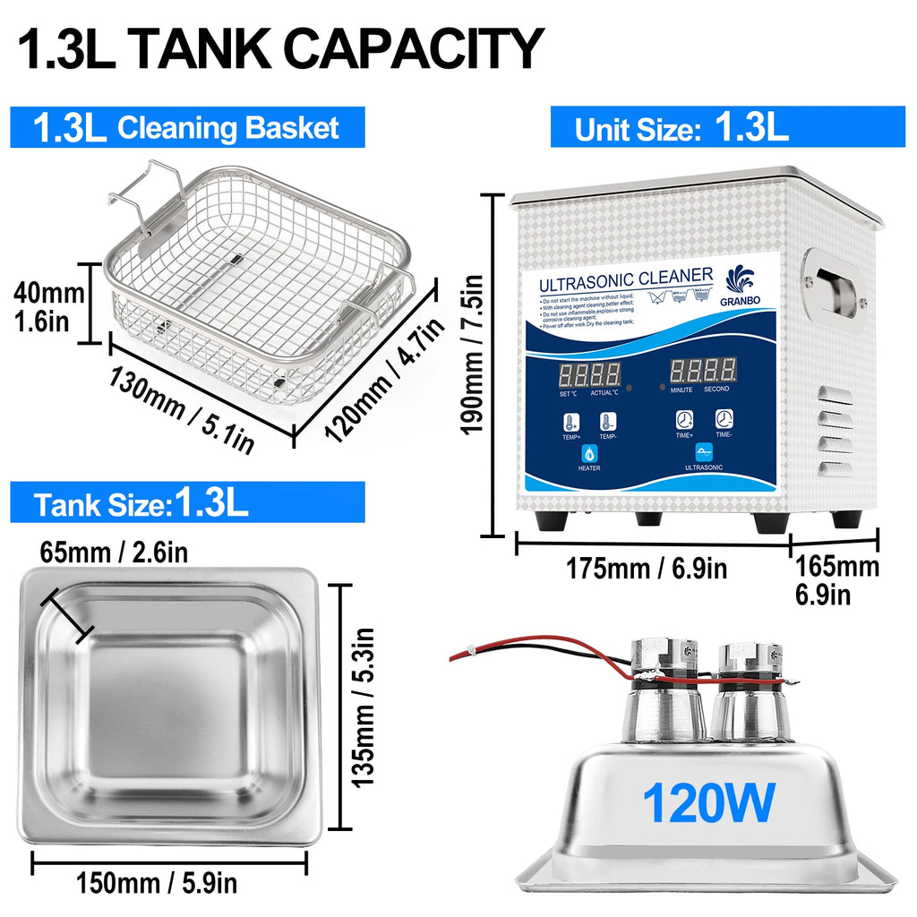 Tidesmit 1.3L 120W ultrasonic bath cleaner with digital degas and heater for cleaning jewelry and watch parts