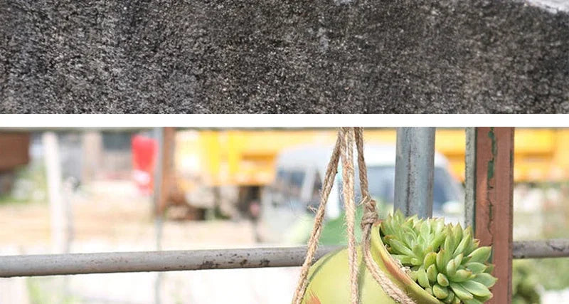Hanging ceramic flowerpot with a succulent plant, lime-green pot on rope
